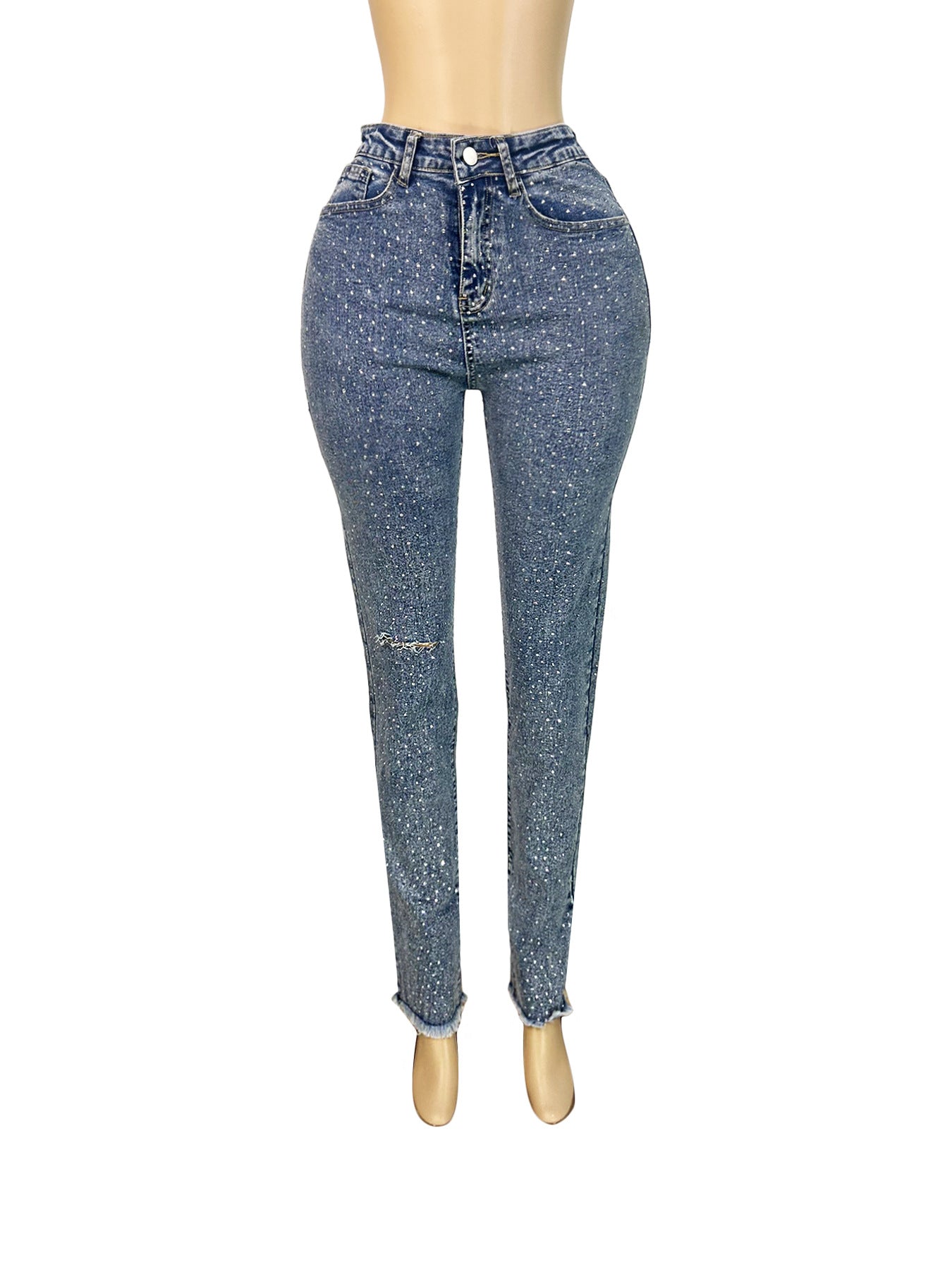 Women Beaded Pocket Ripped Denim Pants 6
