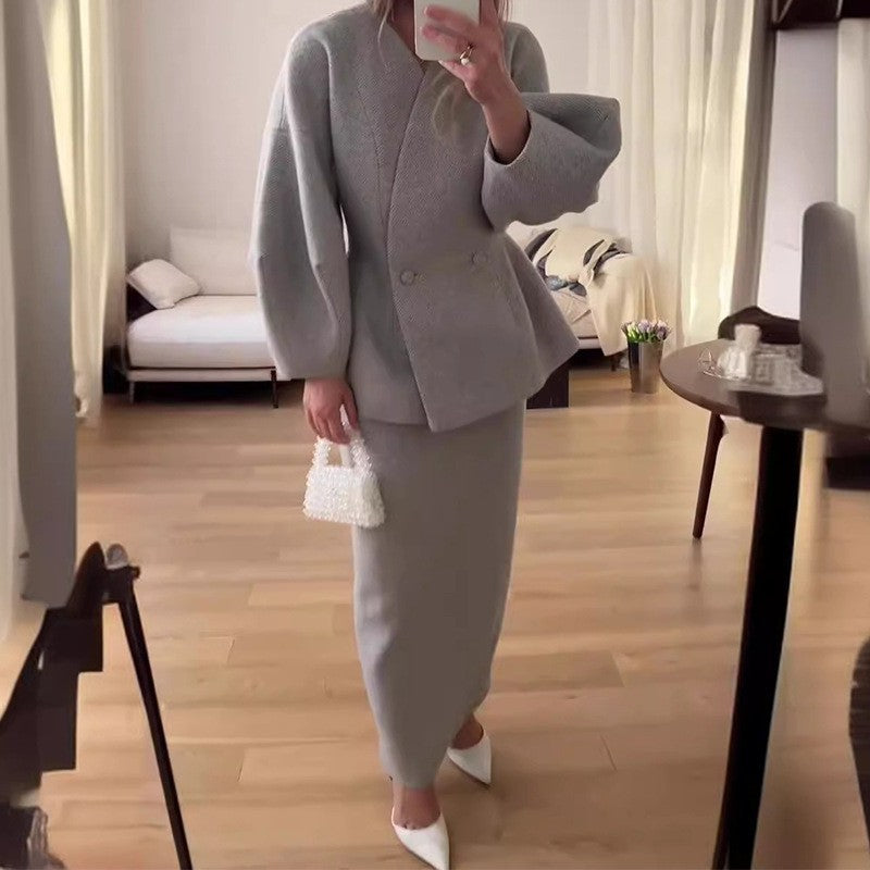 Women Solid Button Puff Sleeve Top and Skirt Two Piece Set 8