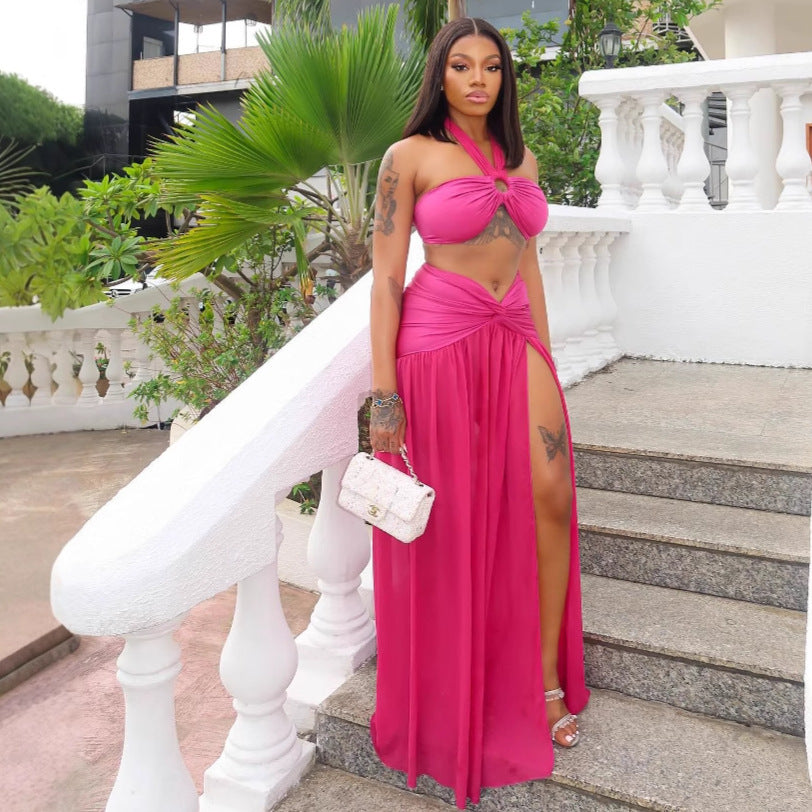 Women Hot and Sexy Halter Neck Strapless Top Slit Skirt Two-piece Set 5