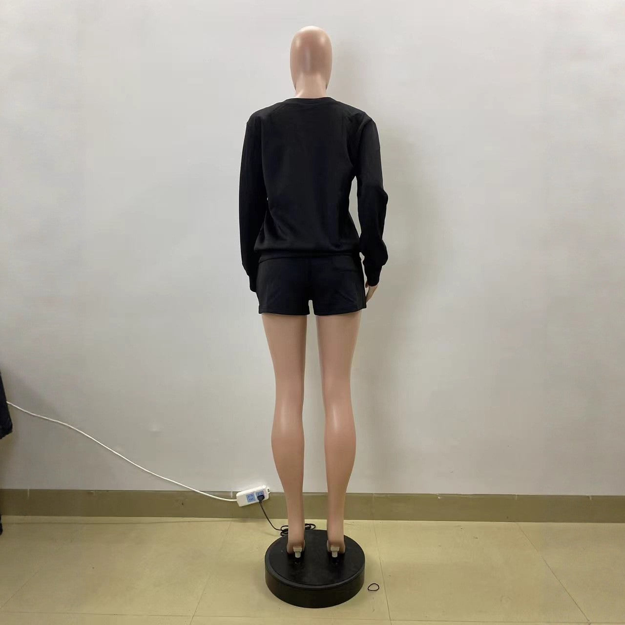 Autumn Black Casual Slash Shoulder Long Sleeve Top Shorts Set 6