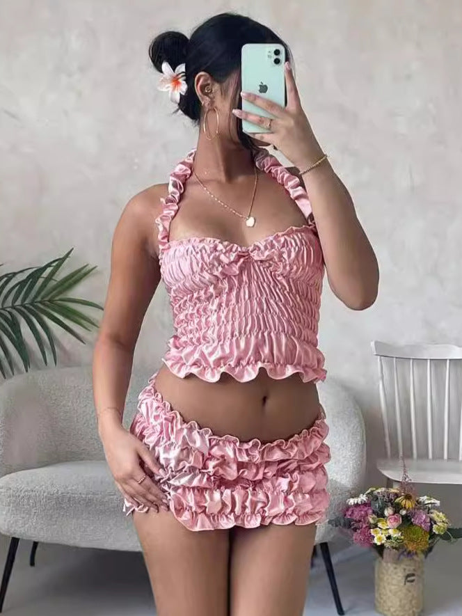Summer Women style pleated Halter Neck suspender vest and Mini Skirt two-piece suit 4