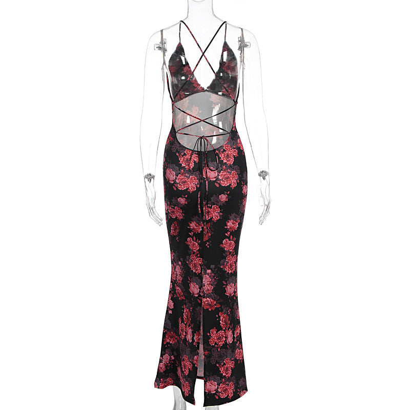 Summer Women's Fashion Floral Low-Cut Tight Fitting Slim Waist Strap Dress 8