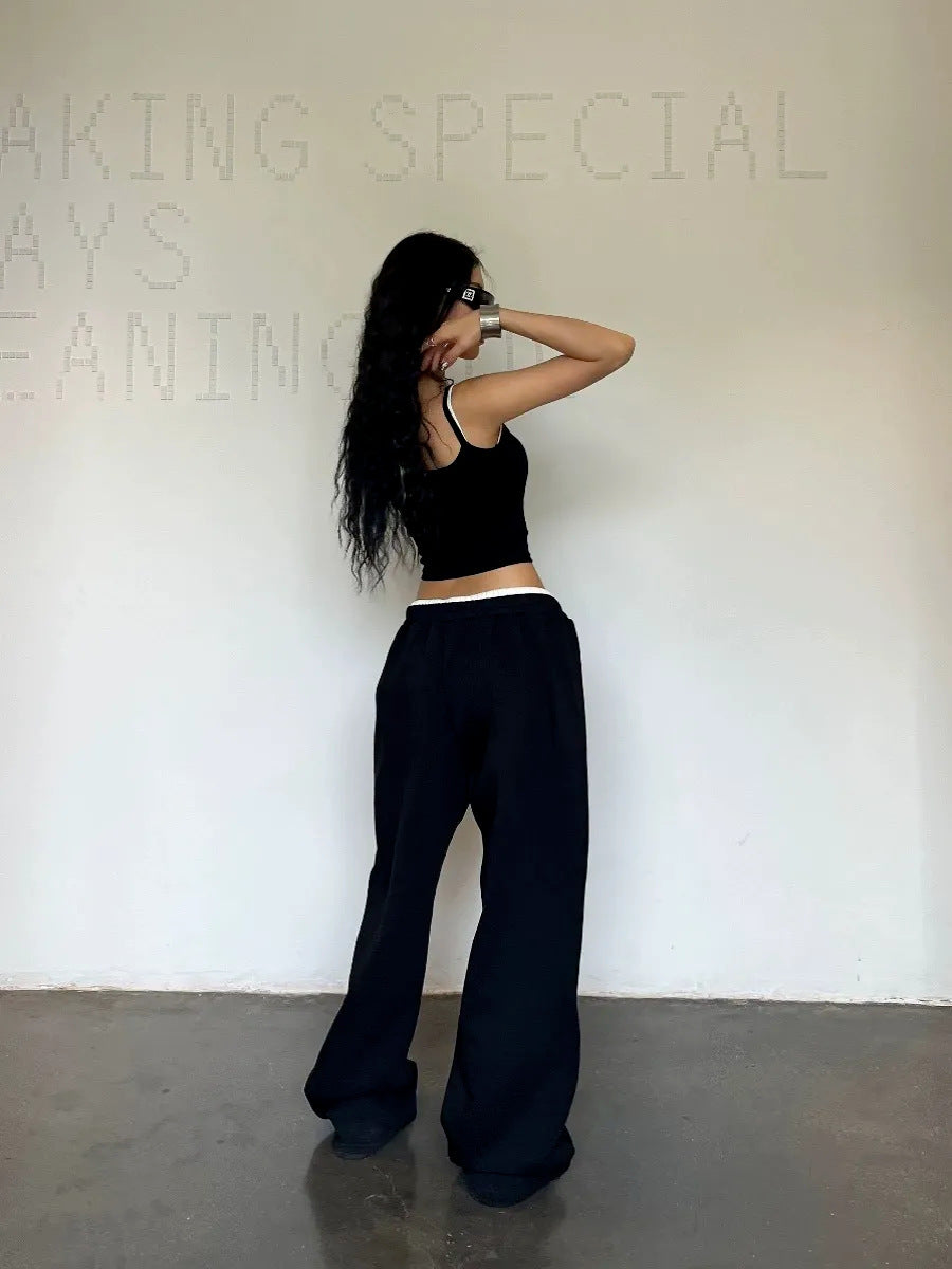 Color Contrast Patchwork Waist Loose Straight Casual Pants 9