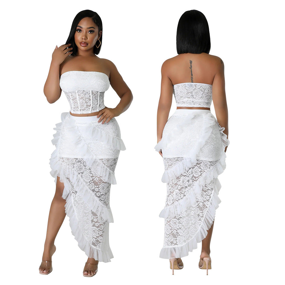 lace Strapless top irregular skirt solid color women two-piece set