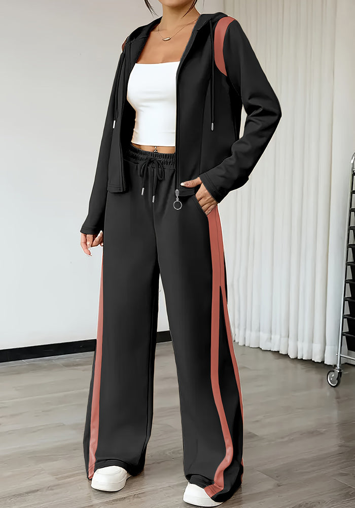 Autumn Winter Hooded Top Jacket Paired with High Waist Wide Leg Pants Women Two-Piece Set
