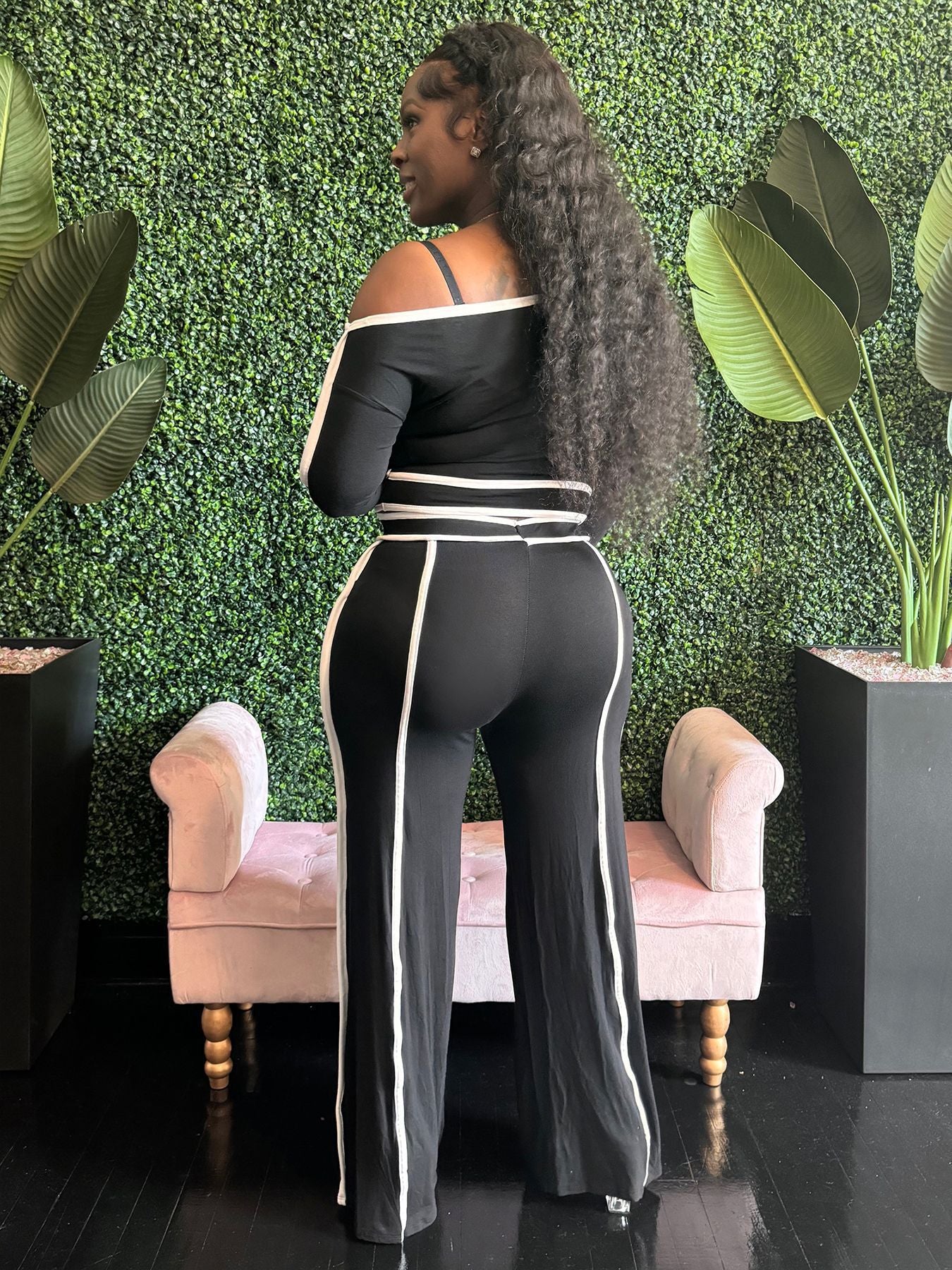 Autumn Women's Clothing Slim Fit Sexy Contrast Color Off Shoulder Long Sleeve Two Piece Pants Set 8