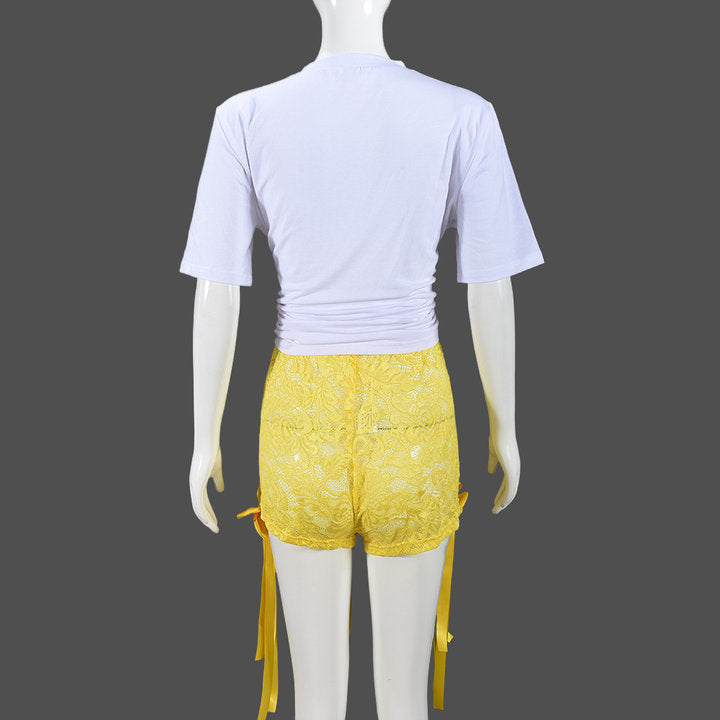 Sexy Bow Short Sleeve Top Lace Trend Shorts Women Two Piece Set 13