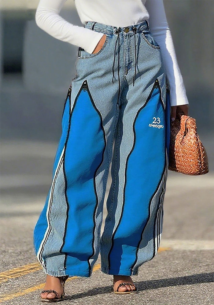 Women Patchwork Contrast Zipper Denim Wide-Leg Pants