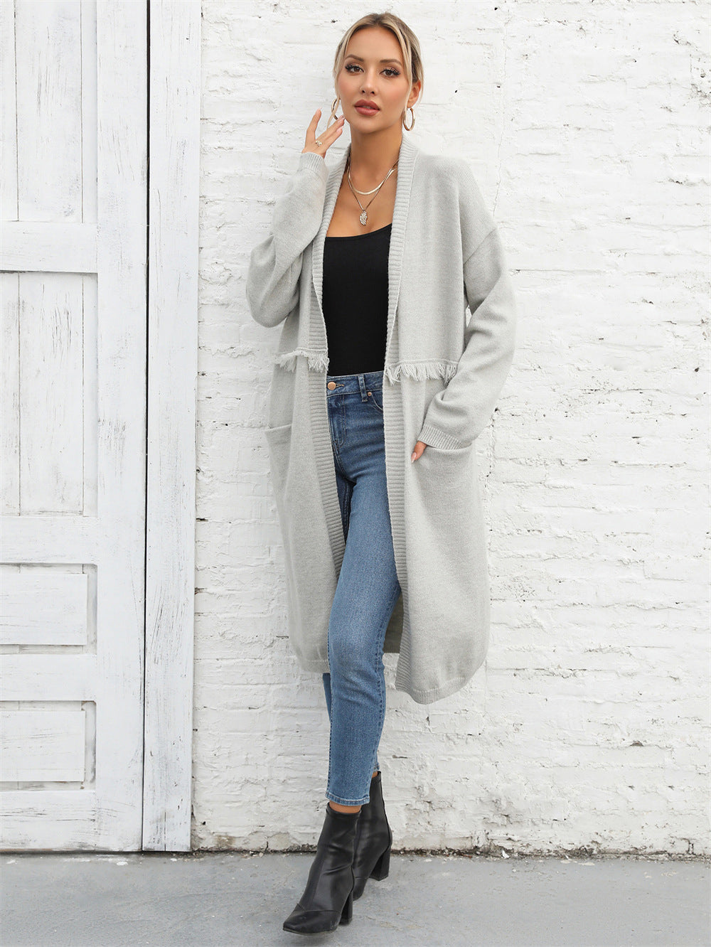 Winter Plus Size Long Cardigan Pocket Chic Fringe Sweater Coat 4