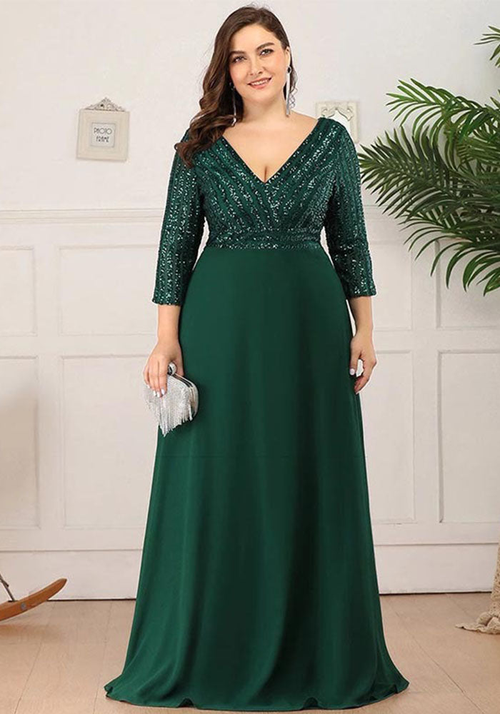 Plus Size Evening Dress Elegant Sequin Half-Sleeve Sexy V Neck Chiffon Swing Party Dress For Women