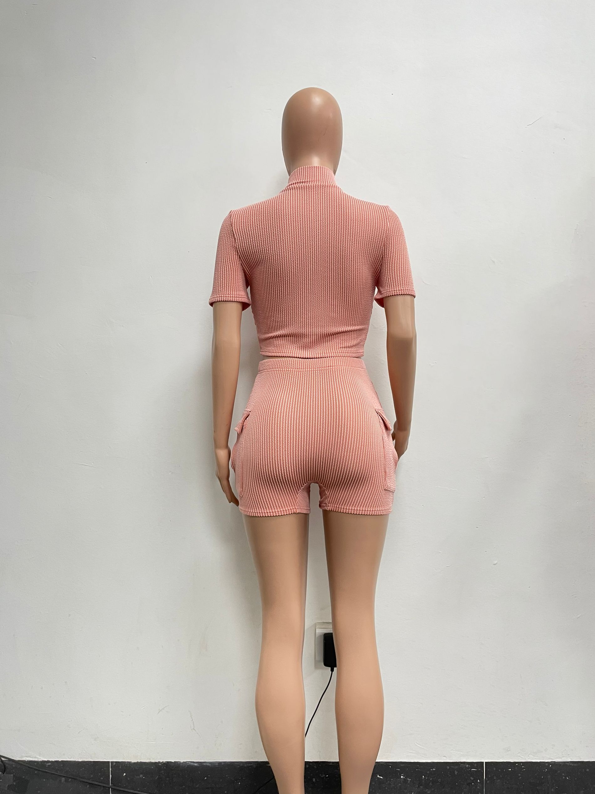 Female Fashion Two-Way Zipper Casual Solid Color Short Sleeve Two Piece Shorts Set 10