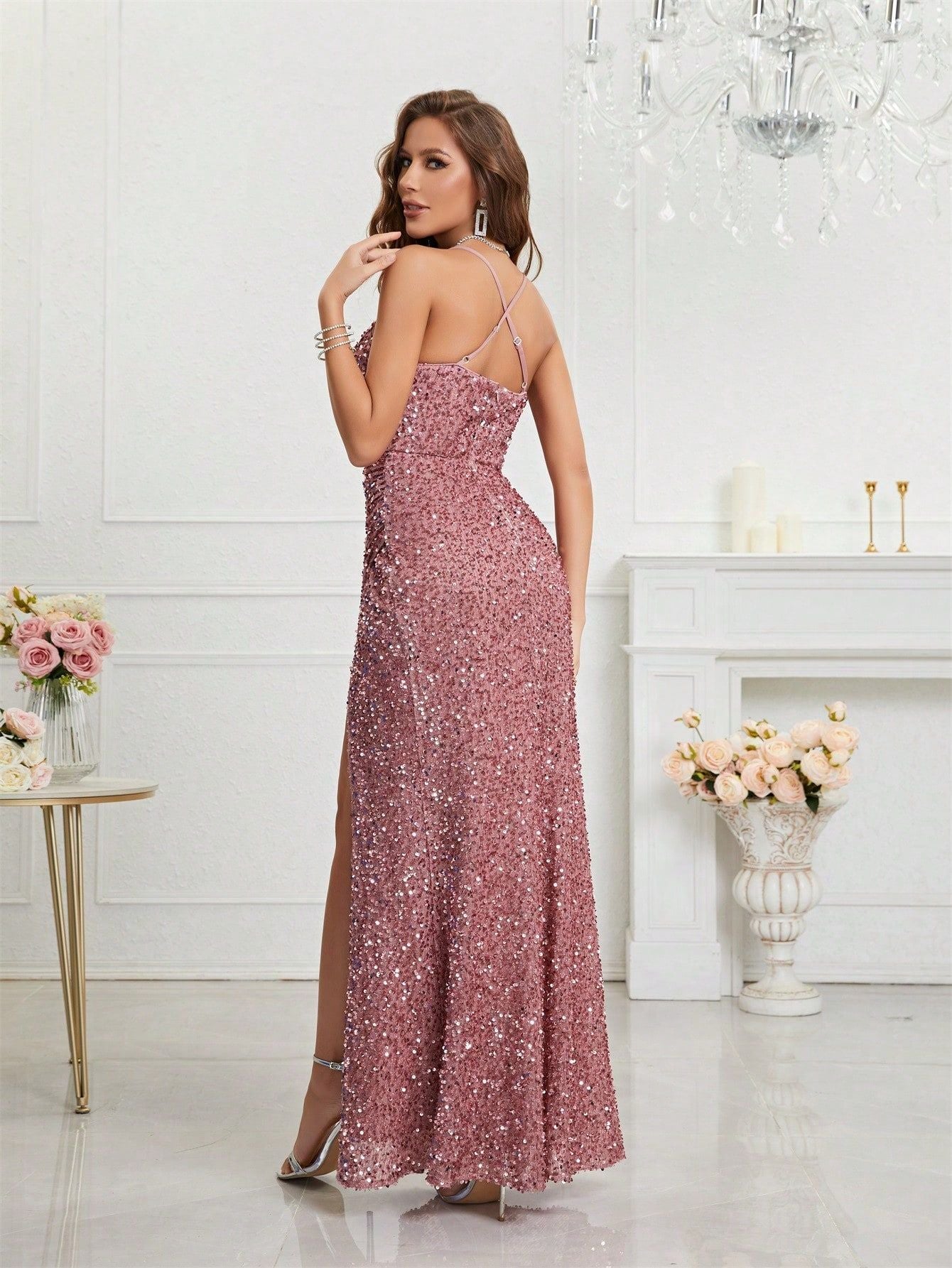 Women Formal Party v-neck sequined evening dress 9