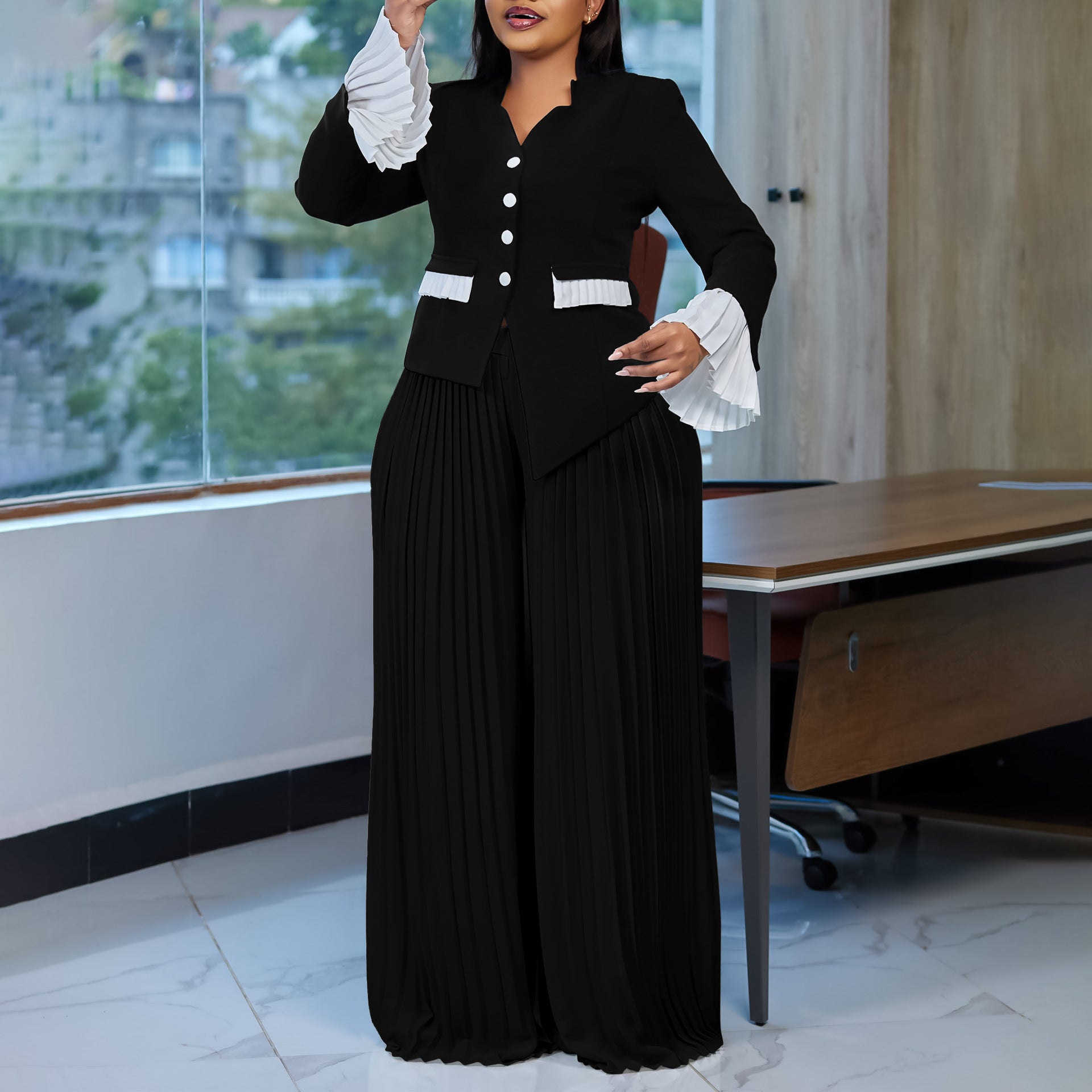 Plus Size Summer Fashion Bell Sleeve Top Pleated Wide-Leg Pants Two-Piece Set 4