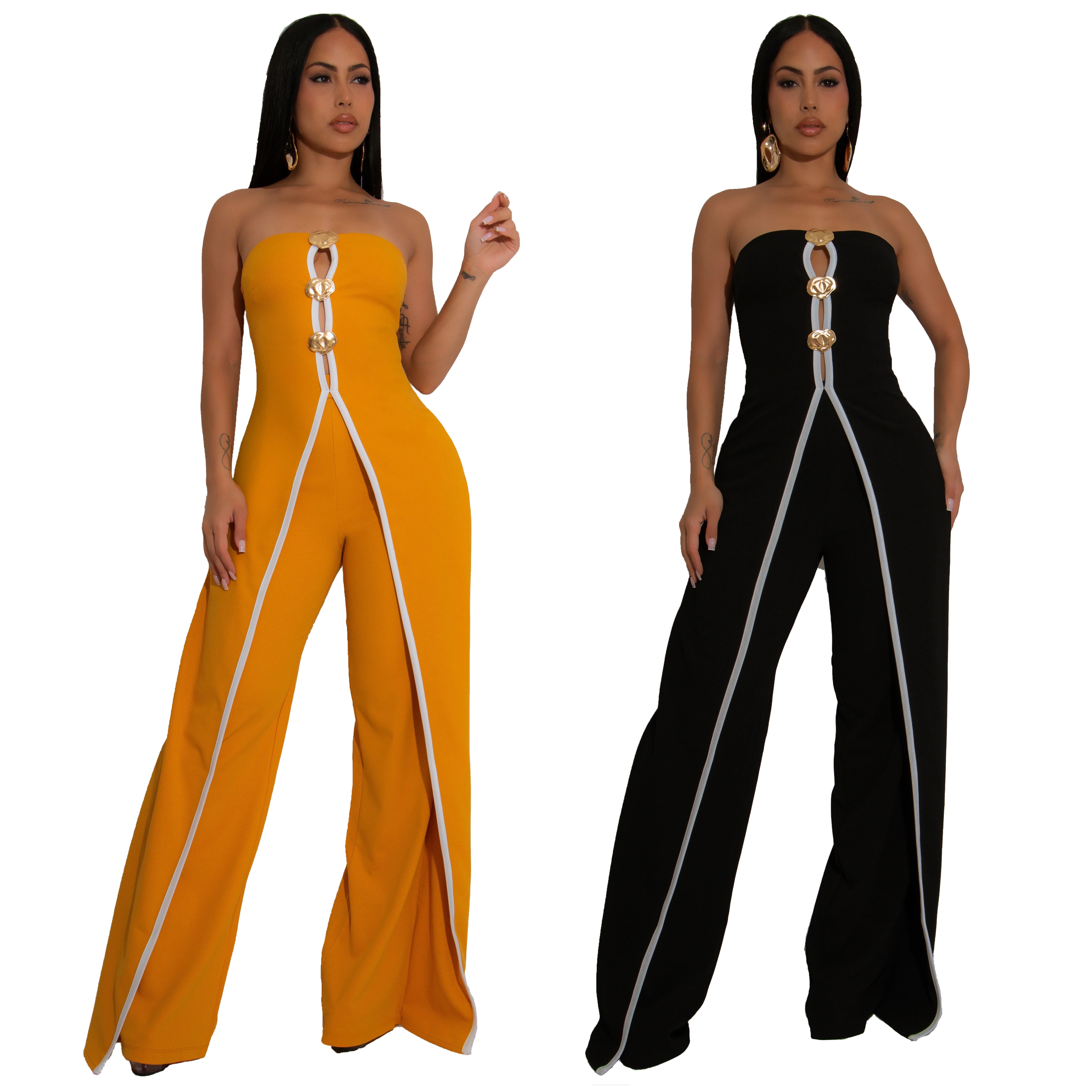 Women Sexy Strapless Metal Button Sleeveless Wide Leg Pants 9