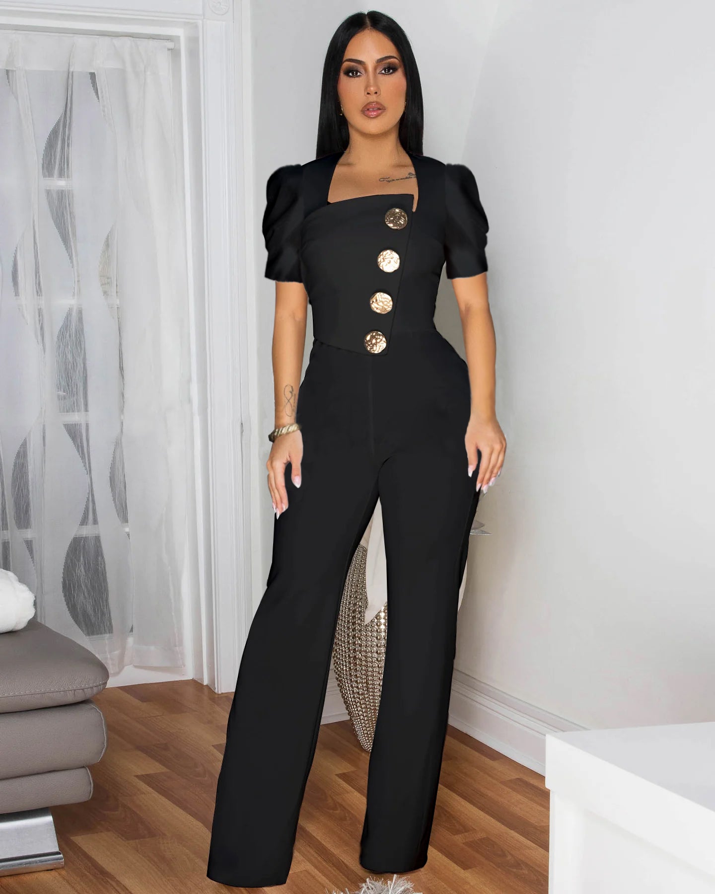 Women Fashion Short Sleeve Button Jumpsuits 3