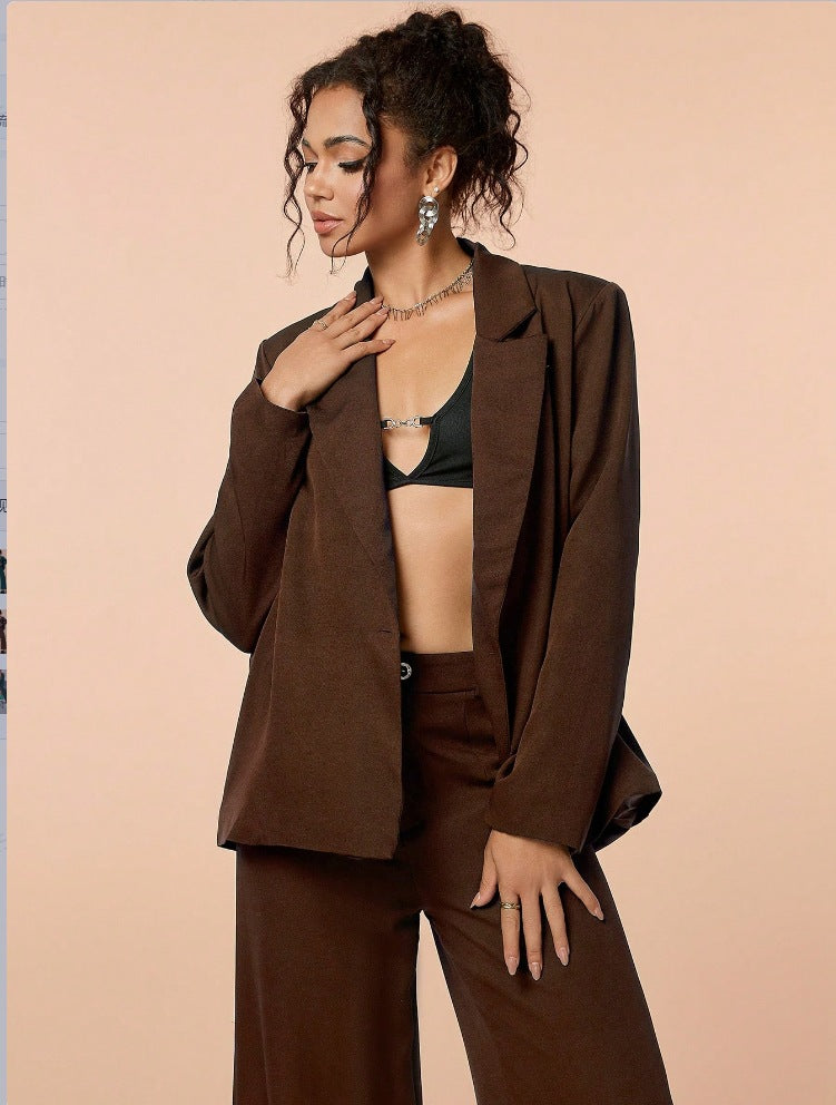 Women solid long-sleeved button blazer and wide-leg pants two-piece set 6