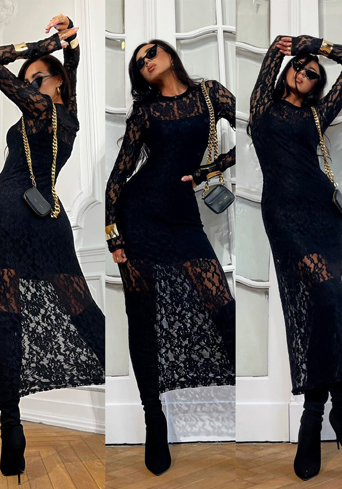 Women Round Neck hollow sexy See-Through Lace Bodycon dress