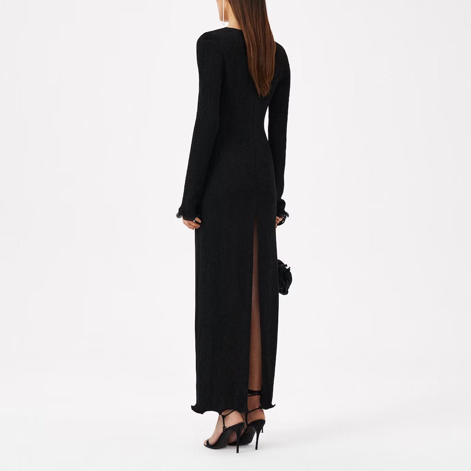 Women Flower Decoration V-Neck Long Sleeve Solid Color Slit Long Dress 5