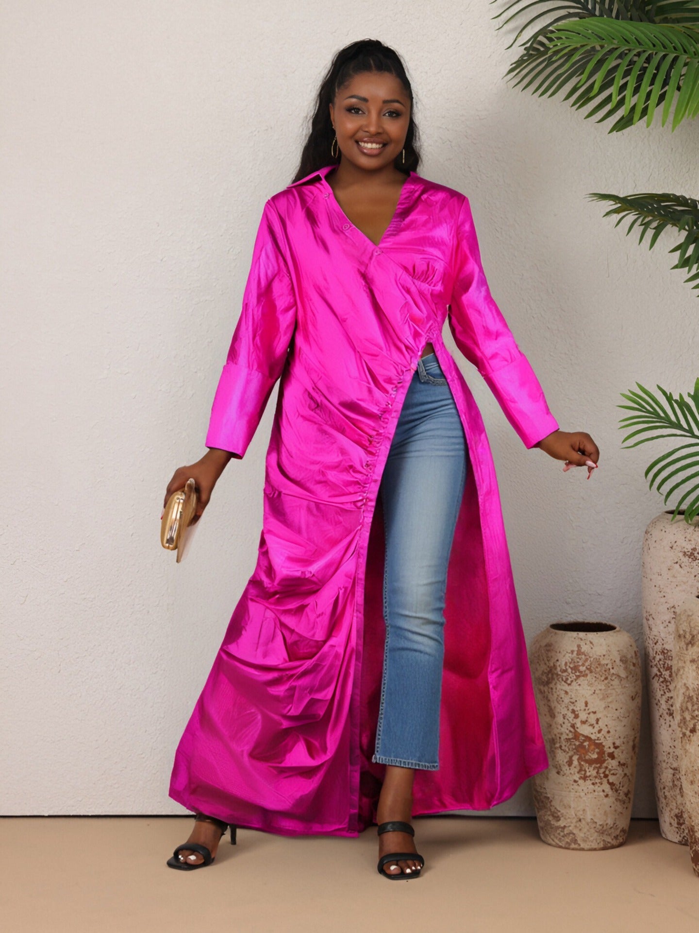 Women sexy V Neck long sleeve pleated Casual dress 14