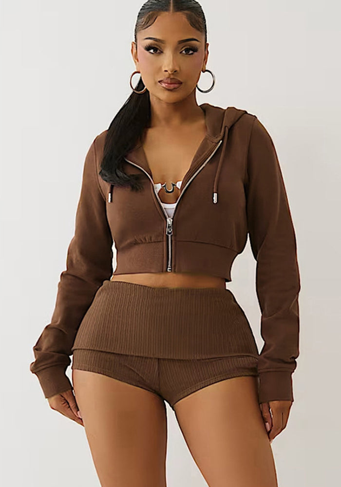 Women Fall Casual Zipper Hoodies and Fold-Up Shorts Two-Piece