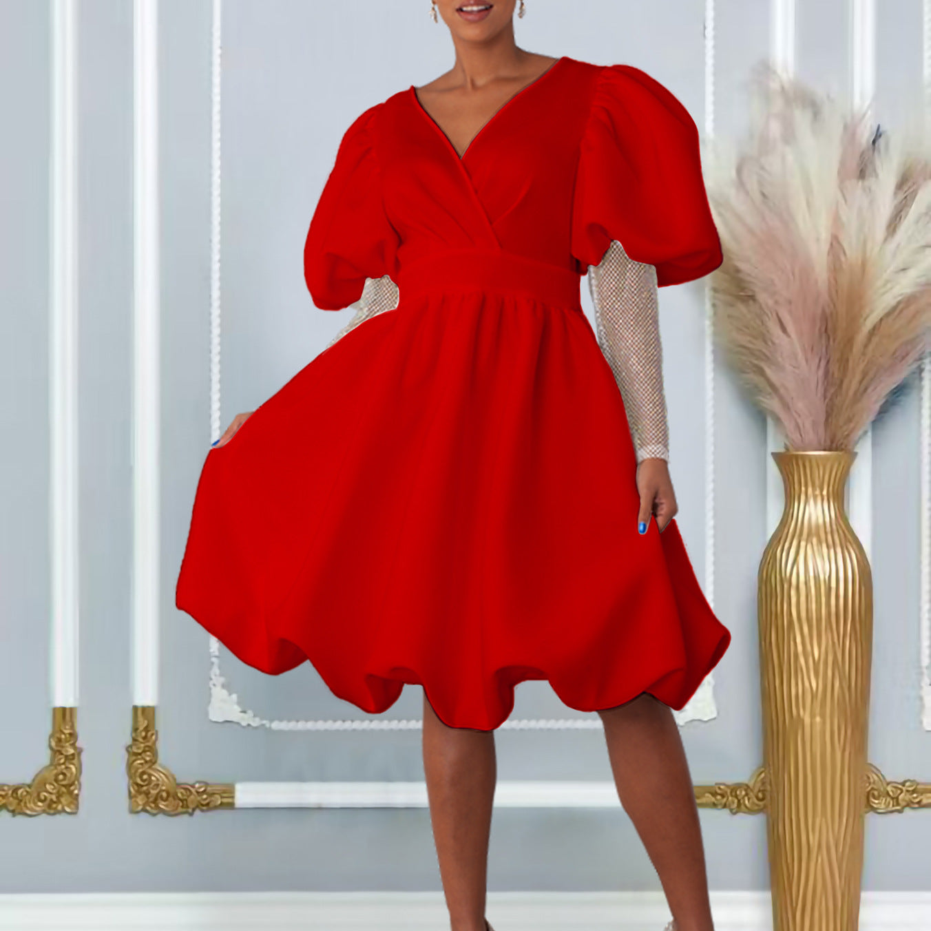 Women's V-Neck Puff Sleeves Formal Party Bridesmaid Dress 3