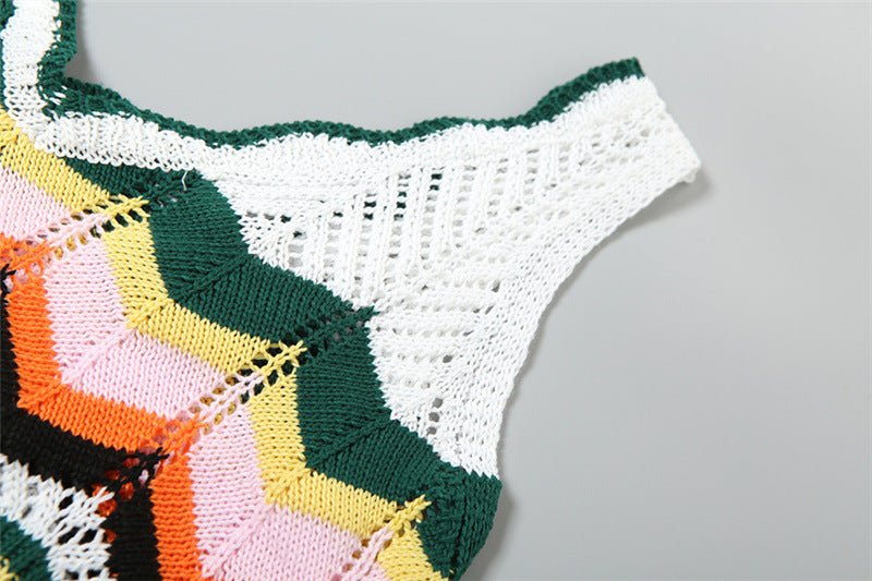 Summer Fashion Contrast Sexy V-Neck Crop Vest High Waist Slim Short Skirt Two Piece Set 11