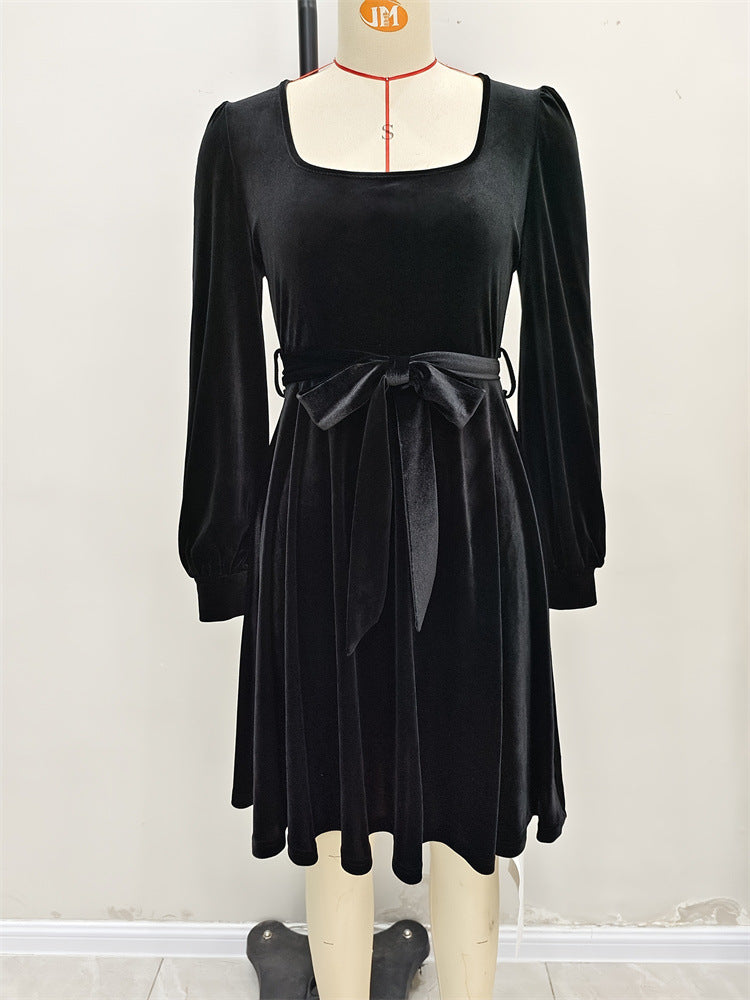 Women's Elegant Velvet Square Neck Slim Waist Long-Sleeved Dress 4