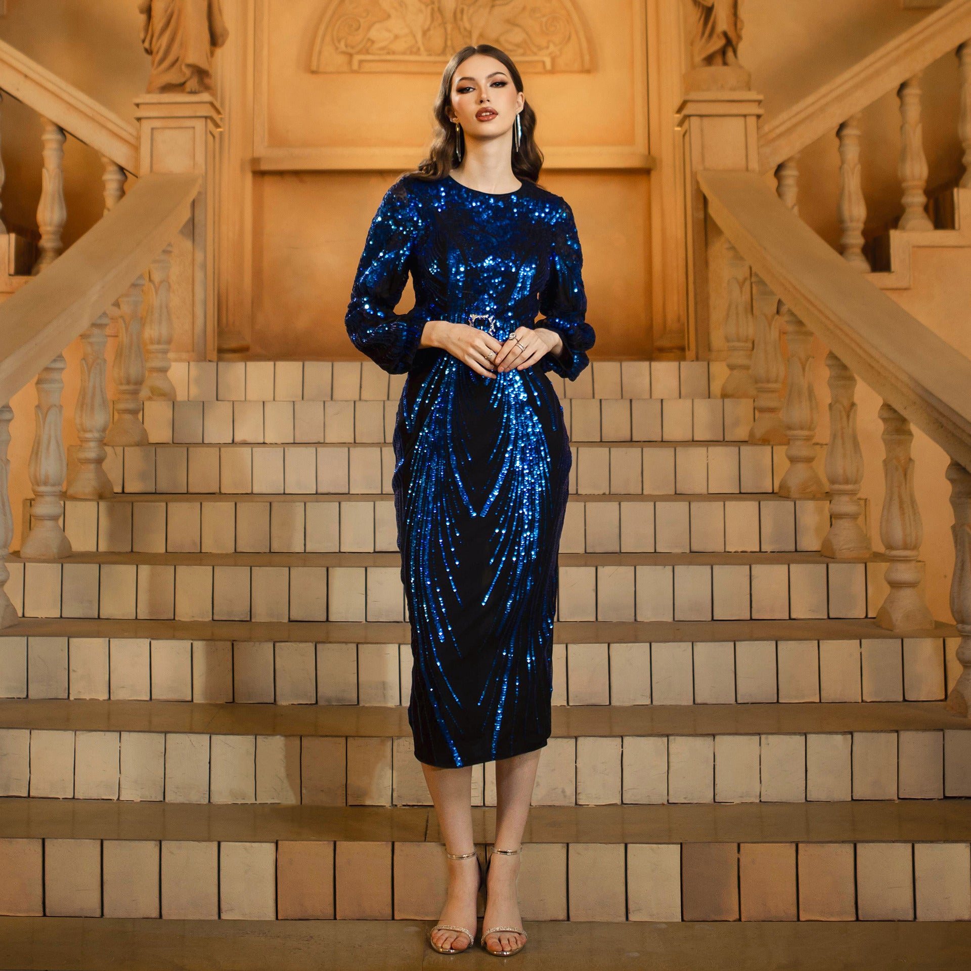 Women long-sleeved round neck sequins Formal Party Maxi evening dress