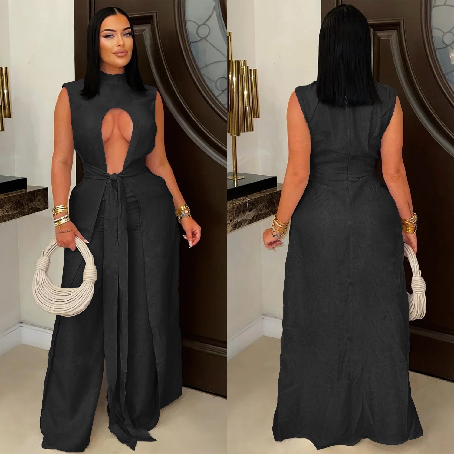 Women sexy solid lace-up sleeveless top and Pant Two Piece Set