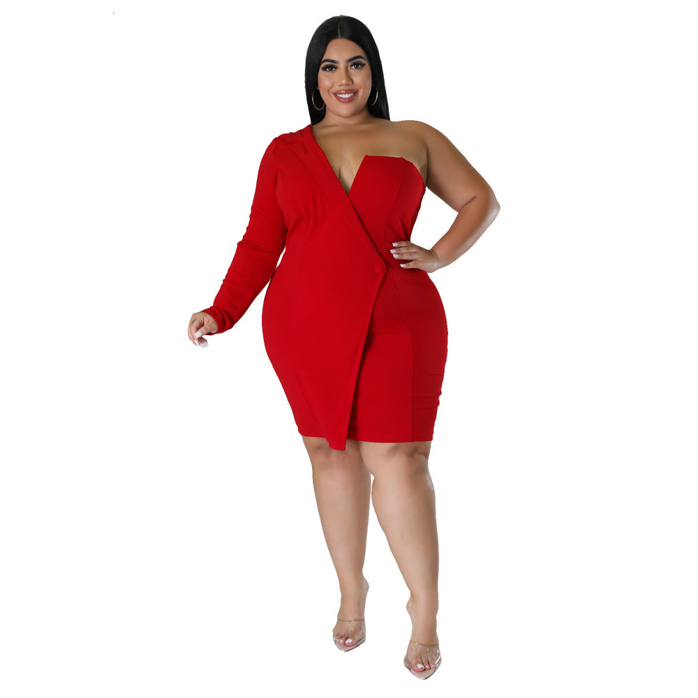 Plus Size Women'S Summer One Sleeve Solid Tight Fitting Sexy Formal Dress 6