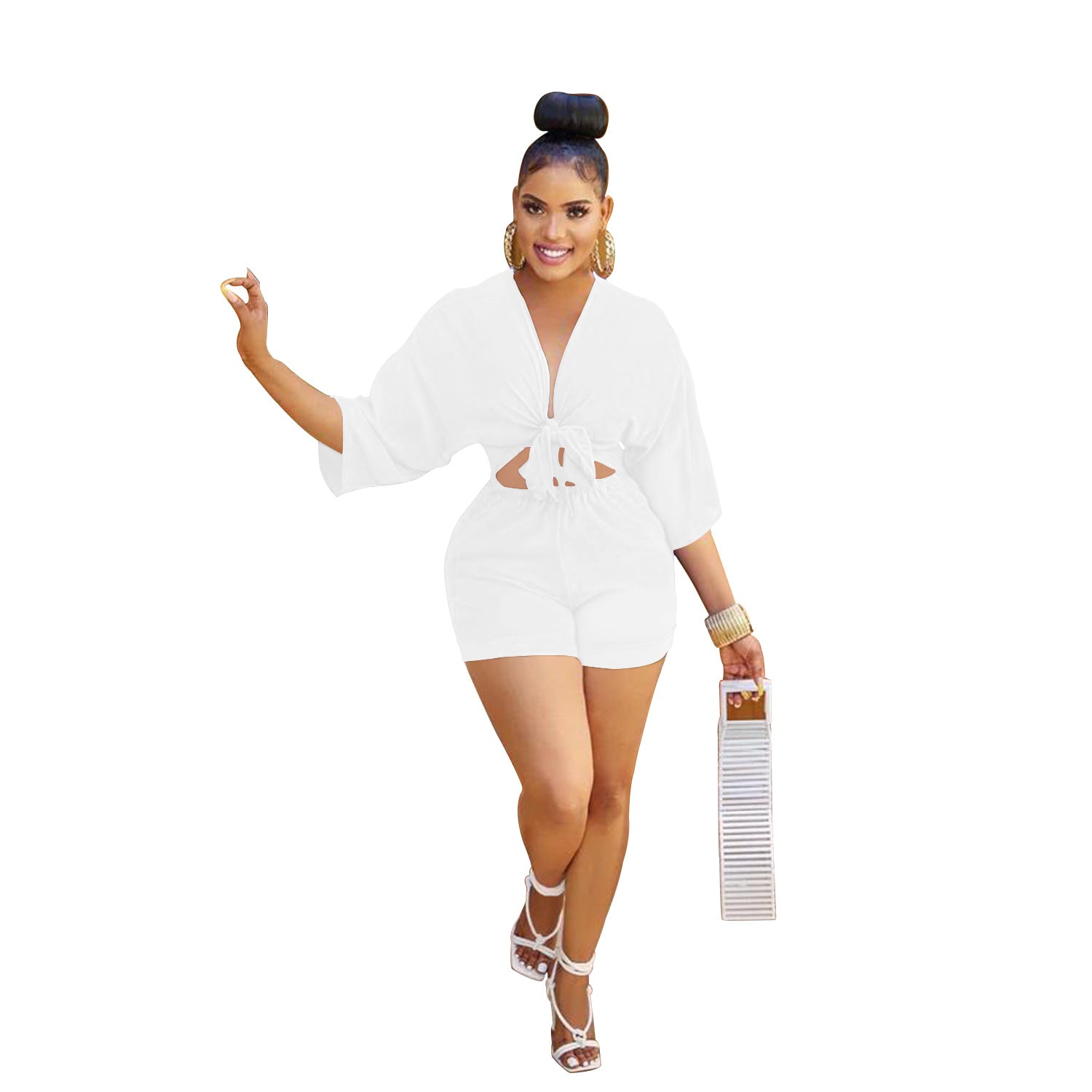 Fashion Women's Solid Color Shorts Half-Sleeve Rompers 7