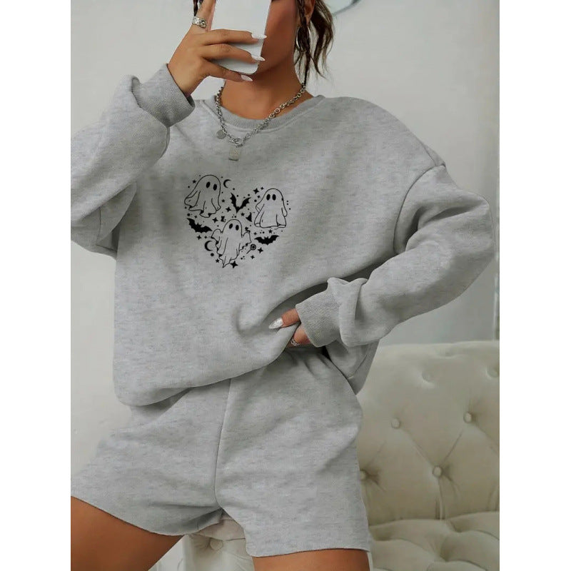 Women Round Neck Long Sleeve Top and Shorts Casual Two-piece Set 6