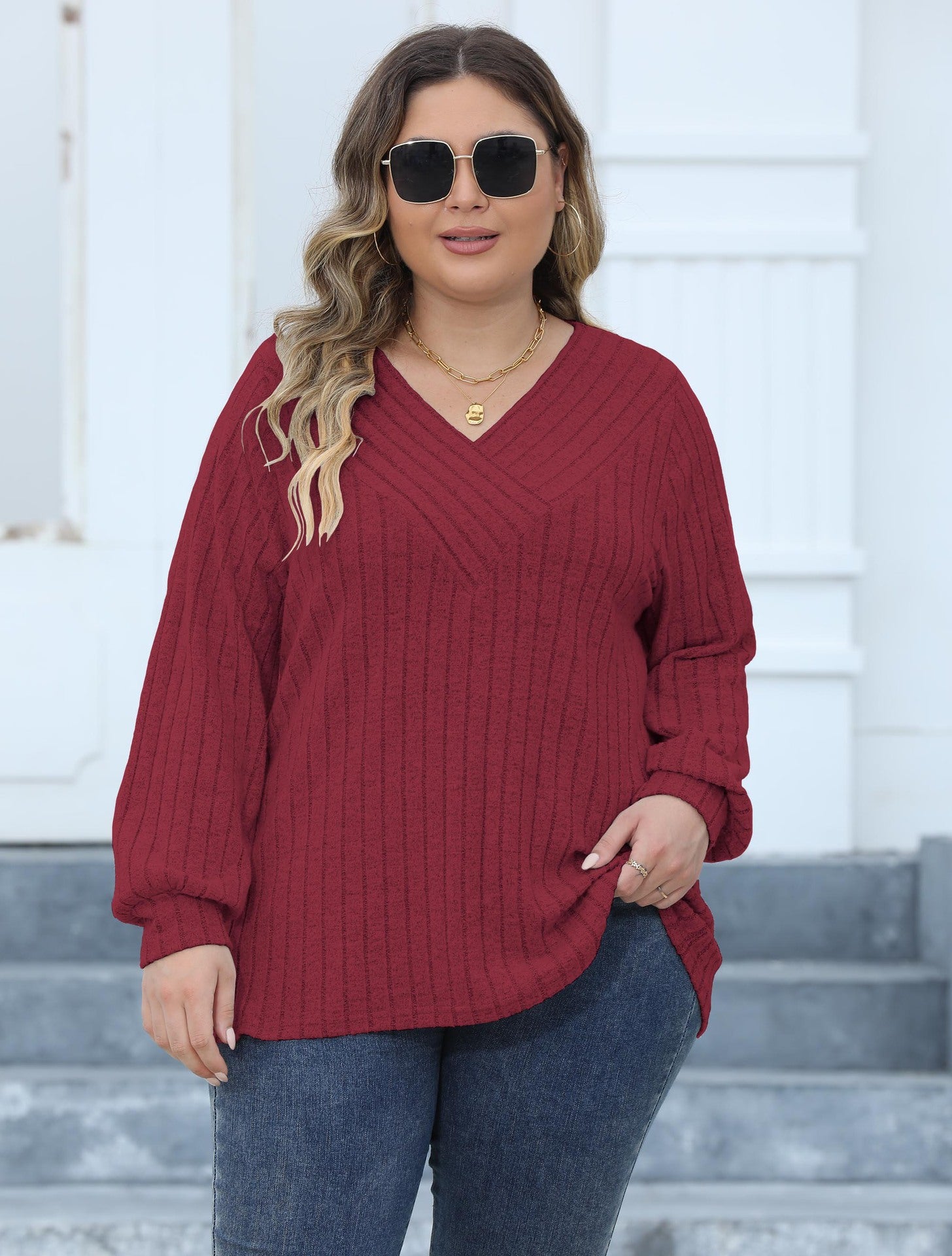 Plus Size Women Ribbed V-Neck Crossover Basic T-Shirt 5