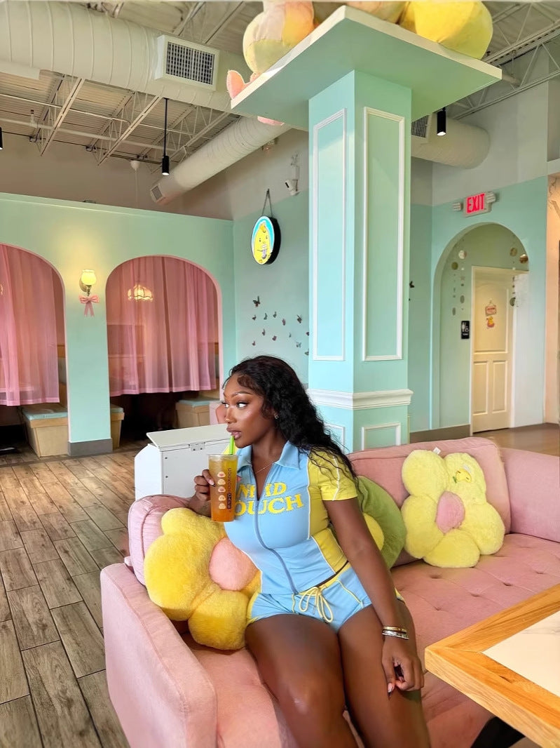 Women Summer Contrast Color Patchwork Letter Print Zipper Top and Shorts Two-Piece Set 6