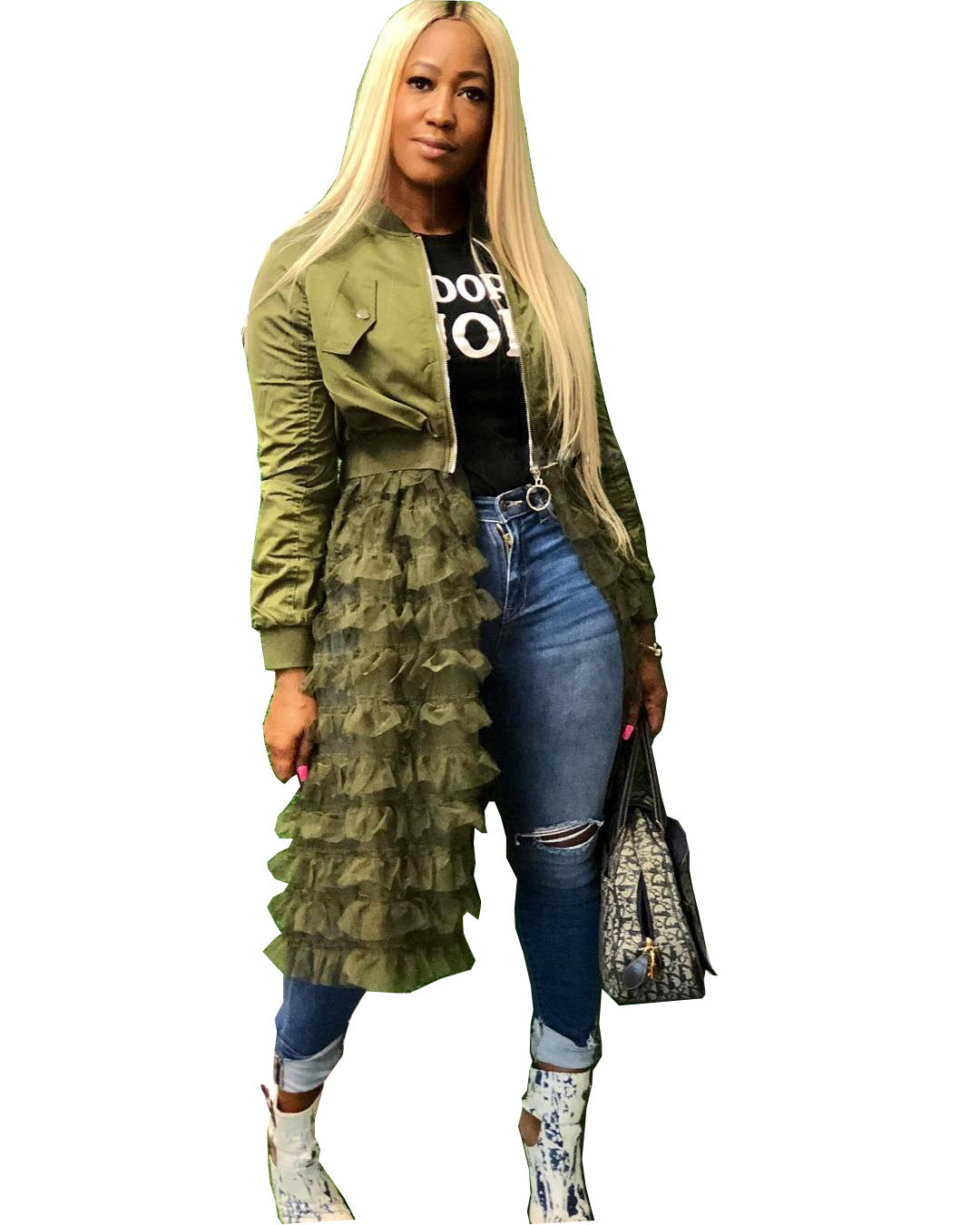 Fashionable Zipper Solid Color Mesh Lace Patchwork Jacket Coat 14