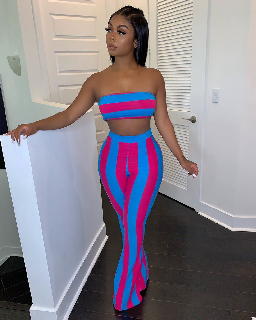 Spring Striped Strapless Crop Top Bell Bottom Pants Set