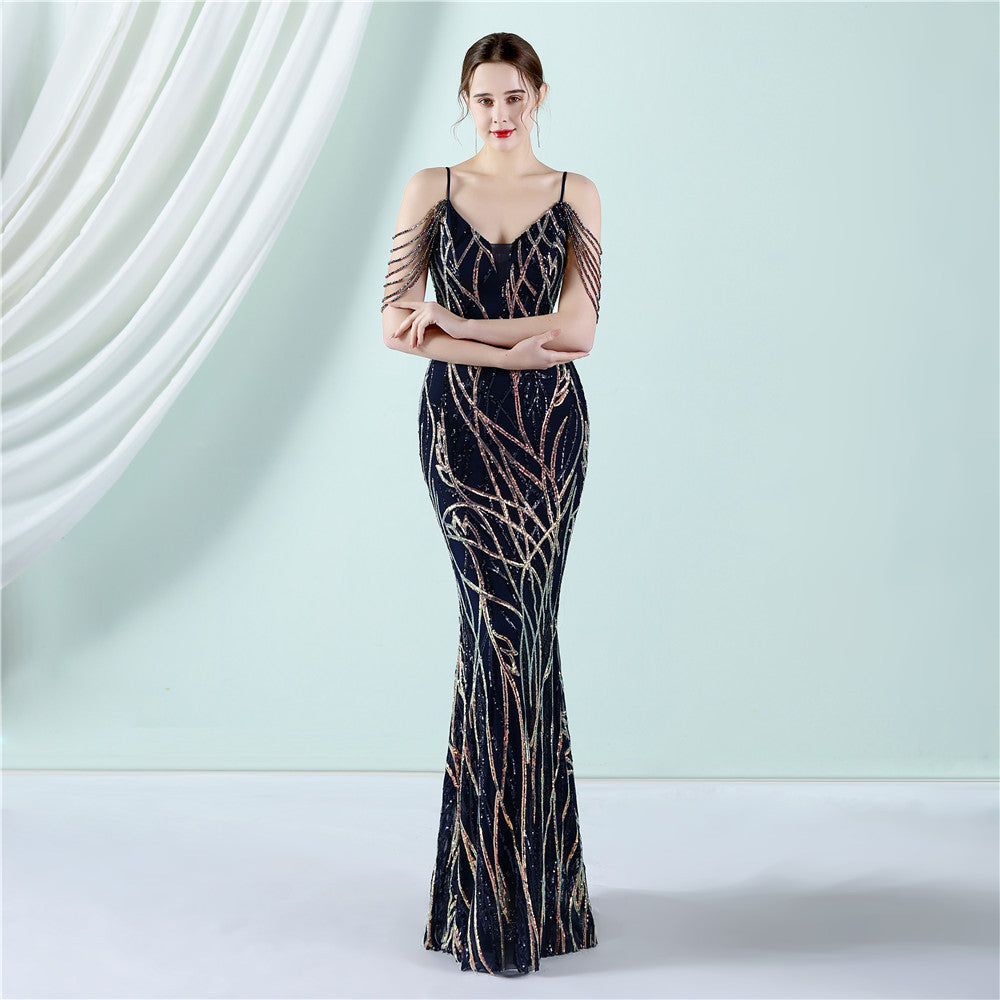 Women Summer Vintage Strap Sleeveless Striped Print Metallic Sequined Mermaid Evening Dress 11