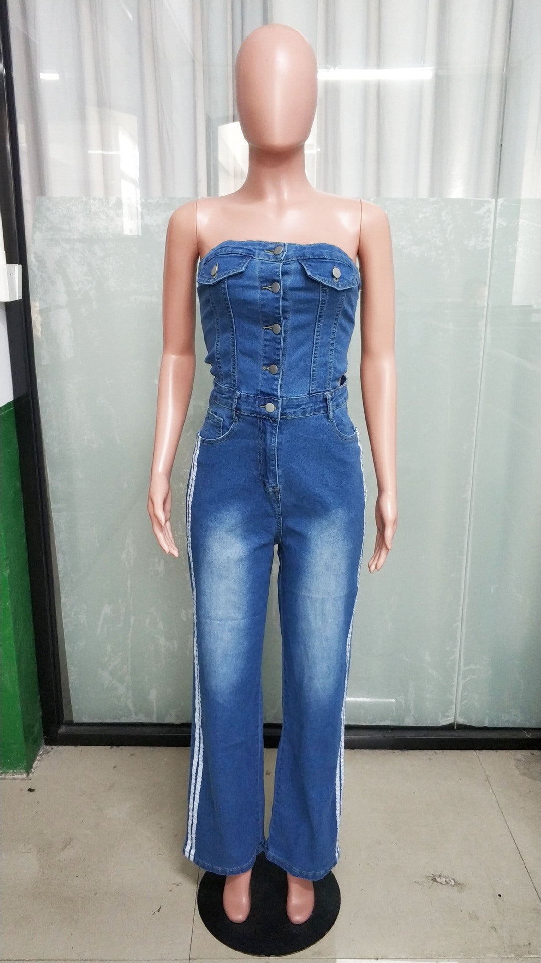 Women Strapless Off Shoulder Denim Wide-Leg Jumpsuit 5