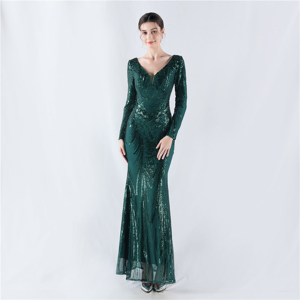 Women Positioning Flower Beaded Long Sleeve Evening Dress 11