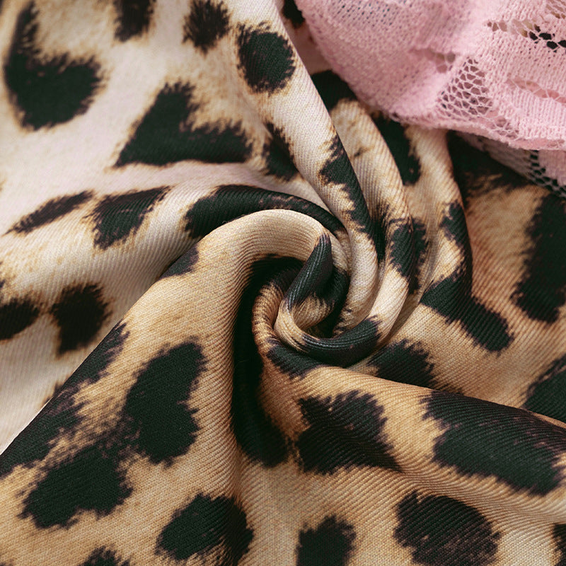 Leopard Print Patchwork Lace Bowknot Strap Top Contrast Color Shorts Two-Piece Set 30