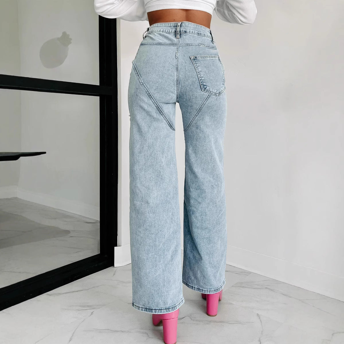 Summer Fashion Women's High Waist Chain  Ripped Straight Denim Pants 4