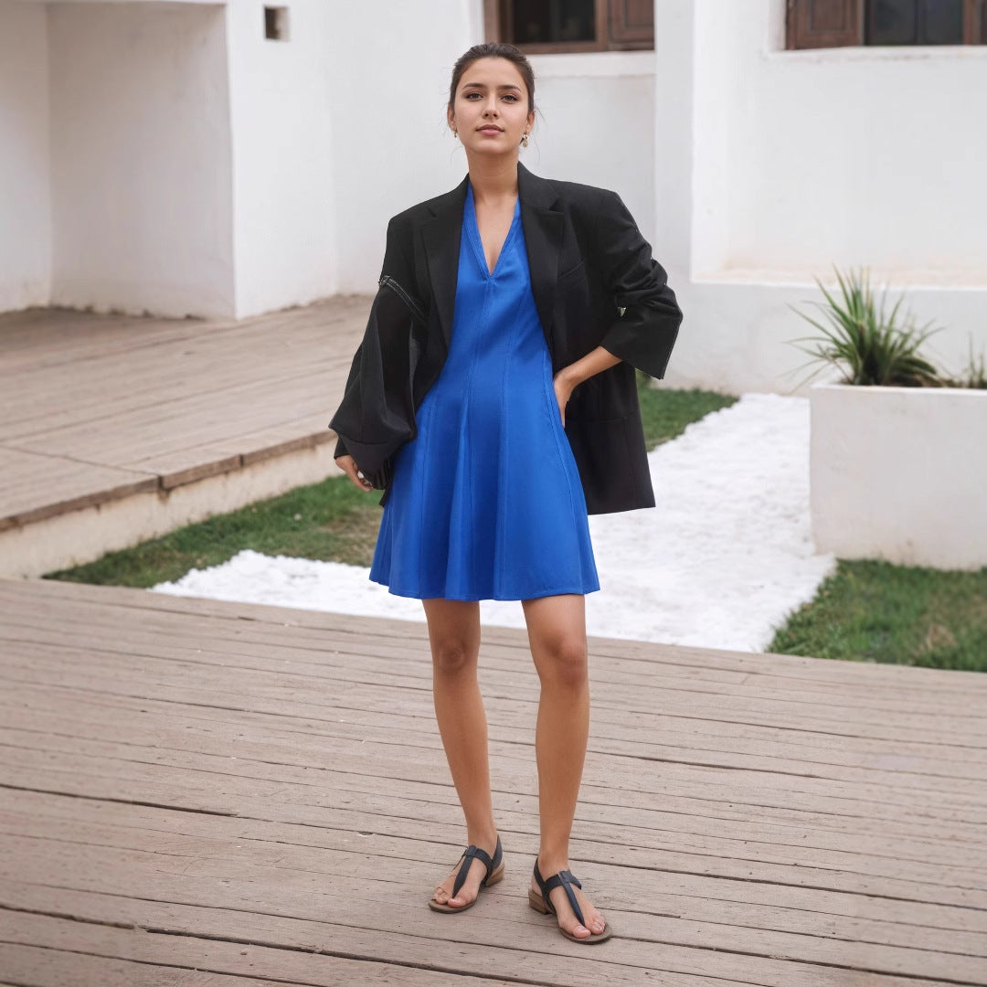 Blue V-Neck A-Line Mini Dress 7