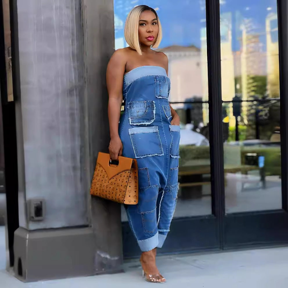 Denim Cargo Multi-Pocket Patchwork Loose Strapless Jumpsuit 4
