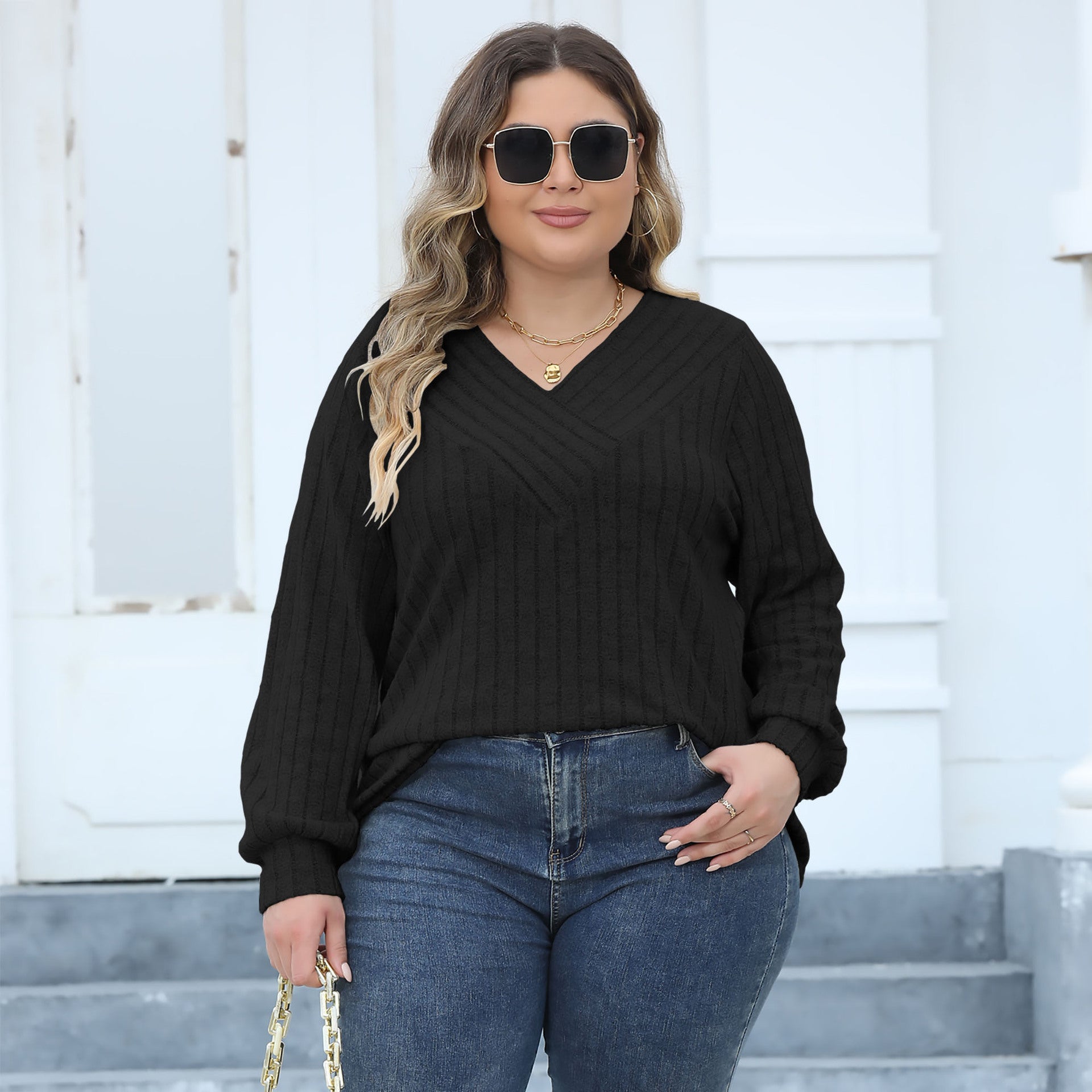 Plus Size Women Ribbed V-Neck Crossover Basic T-Shirt 4