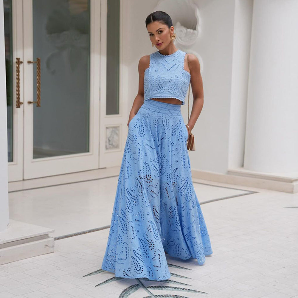Autumn Women's Chic Sleeveless Embroidery Hollow Lace Top Long Skirt Holidays Two-Piece Set