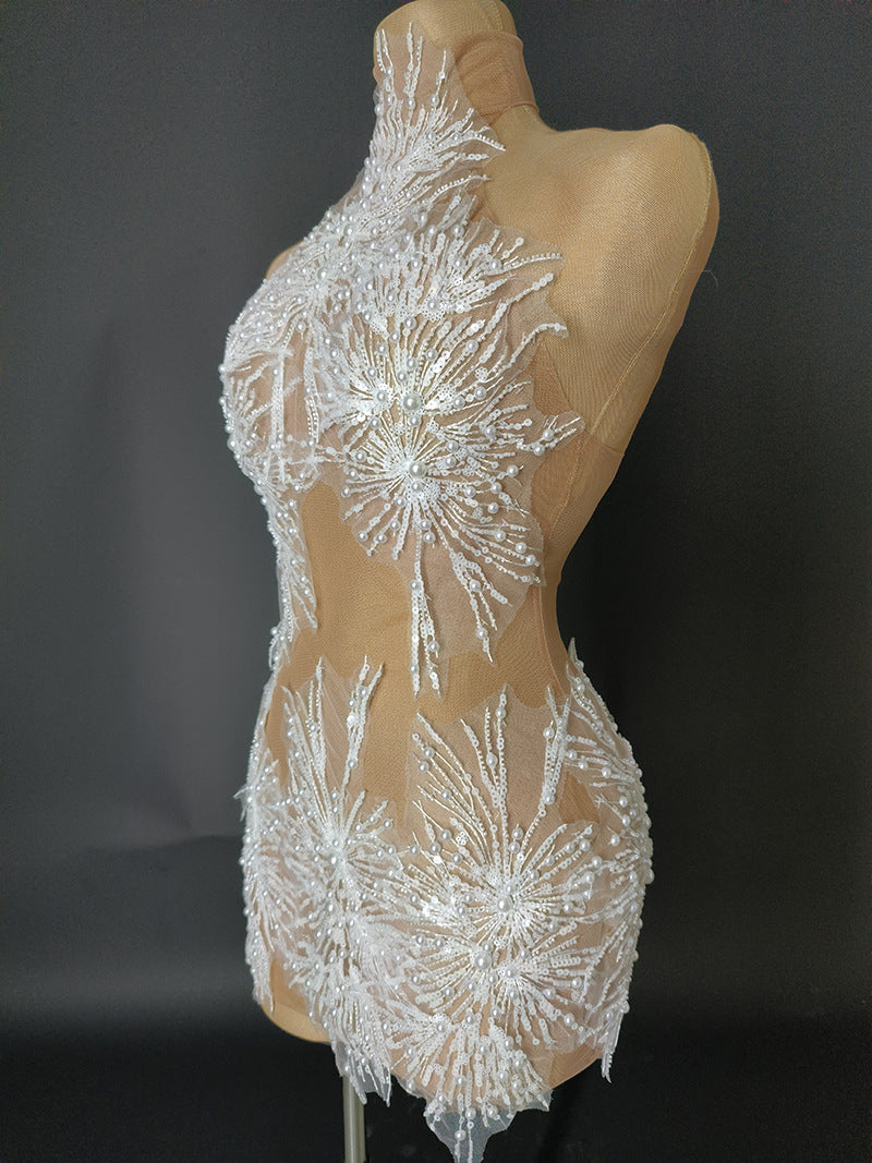 Fashion Halter Neck Strap Mini Dress Nude See-Through Sexy Party Dress 13