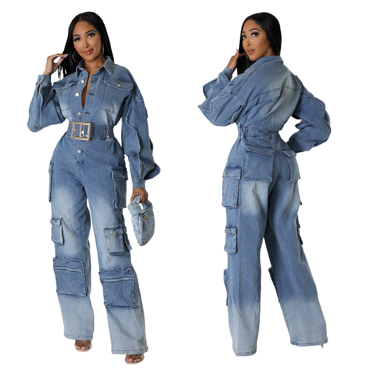 Women Cargo wide leg denim jumpsuit 3