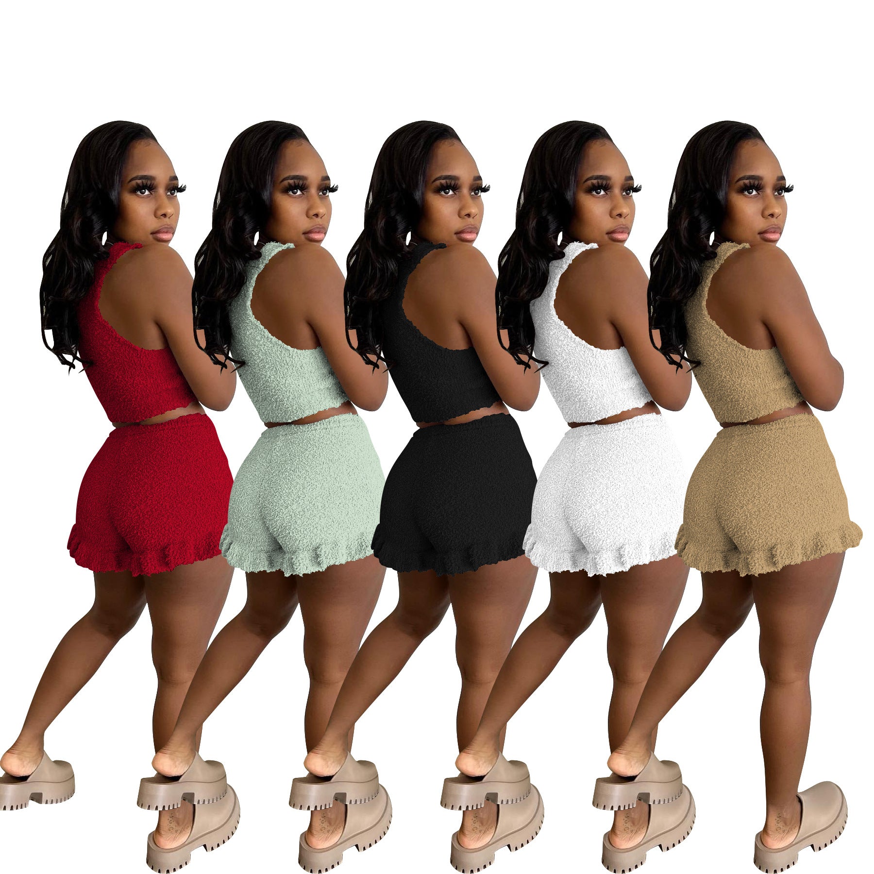 Ladies Spring Summer Stylish Fleece Comfort Tank Top Shorts  Two Piece Set 7