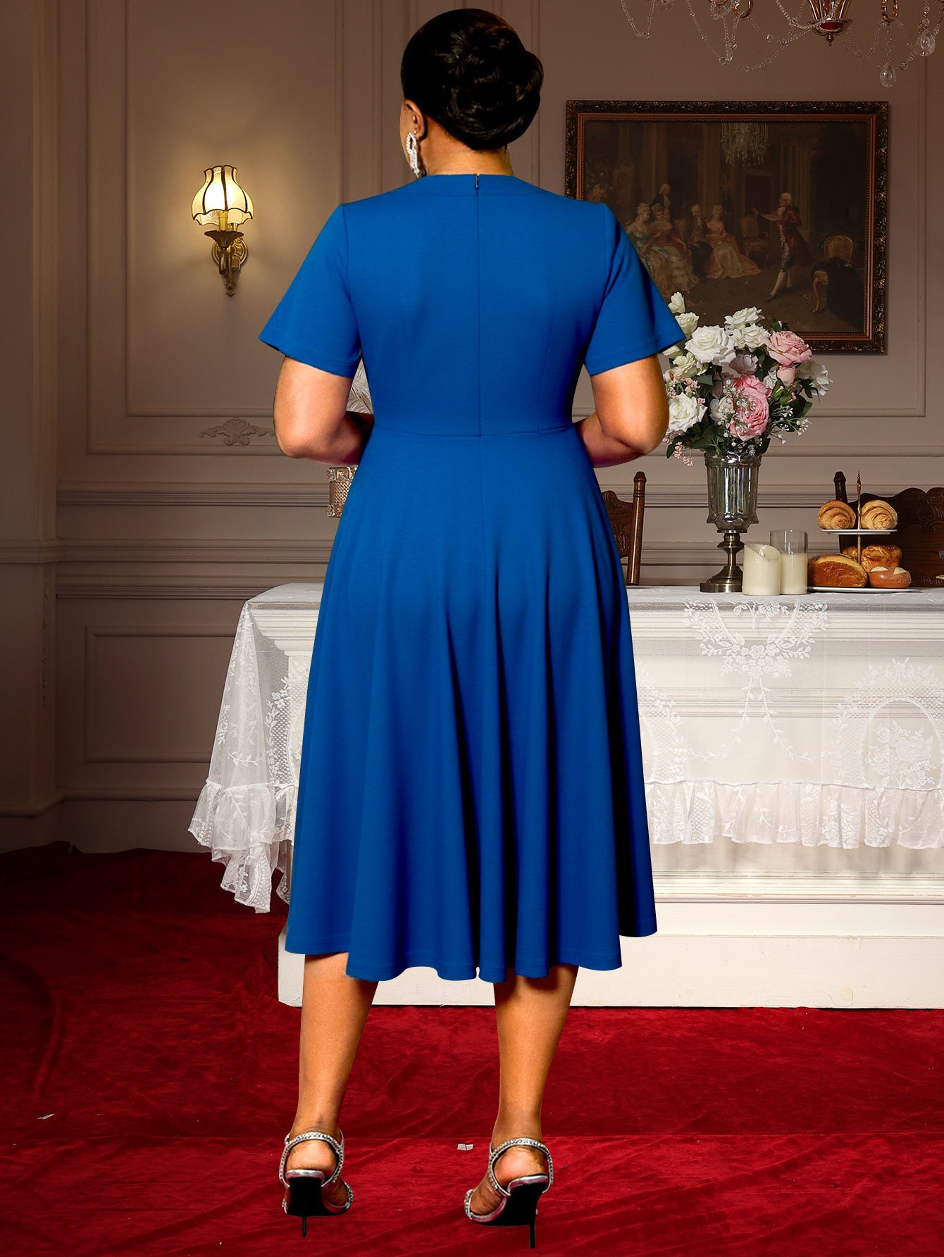 Plus-Size Women Contrast Short-Sleeved Round Neck Belt Elegant Party Dress 3