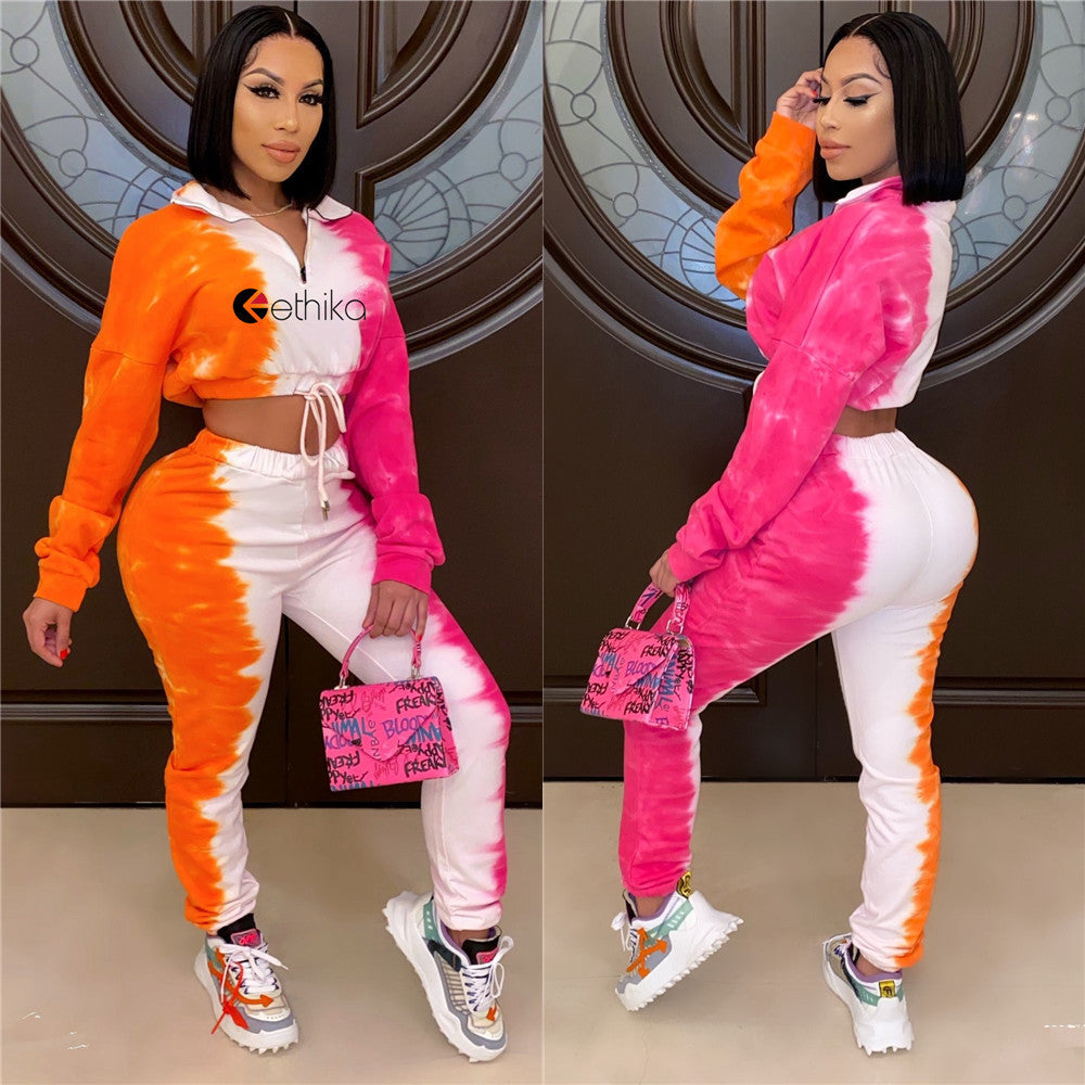 Women's Slim Fit Contrast Print Two-Piece Pants Set